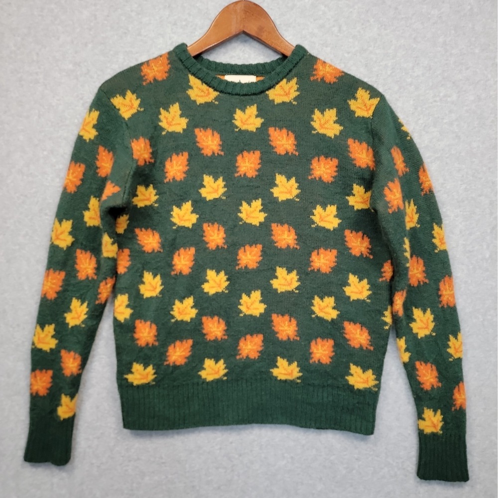 Kiel James Patrick Sweater Womens XS Green Maple Oak Leaf Cozy Cabin Wool Blend